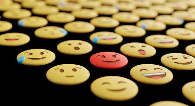 Collection of yellow smiley faces with varied expressions, with one red smiley face standing out, symbolizing diversity, individuality, and uniqueness