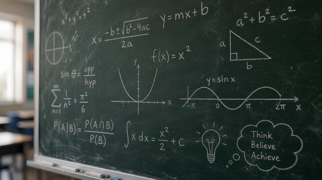 Chalkboard covered in handwritten math equations including quadratic formula Pythagorean theorem sine wave probability calculus and inspirational doodles in classroom - detailed commercial stock