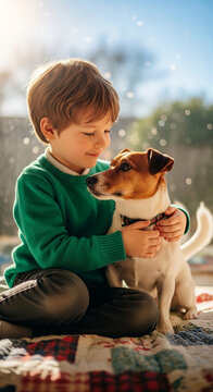 Young boy and dog bonding, showcasing innocence, companionship and unconditional love, representing friendship and family, perfect for lifestyle or pet-related themes