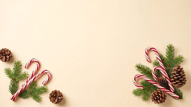 Festive Christmas flat lay background featuring striped candy canes, pine cones, and green fir tree branches arranged in opposite corners against a soft beige surface with generous copy spac