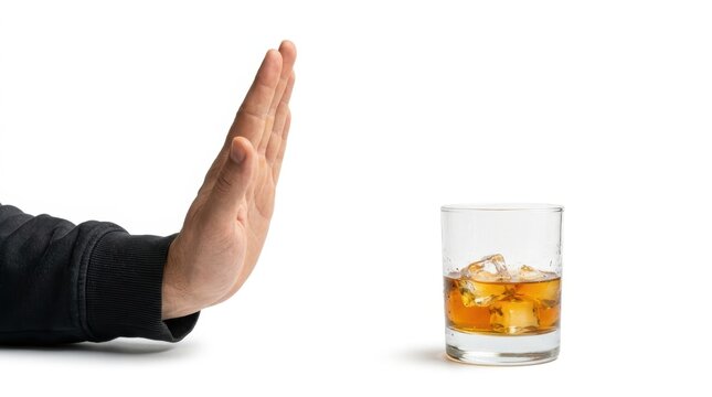 Person's hand making stop gesture near glass with amber colored liquid and ice cubes