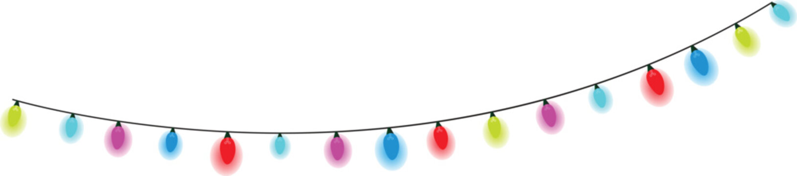Colorful glowing Christmas light bulbs hanging on a festive wire
