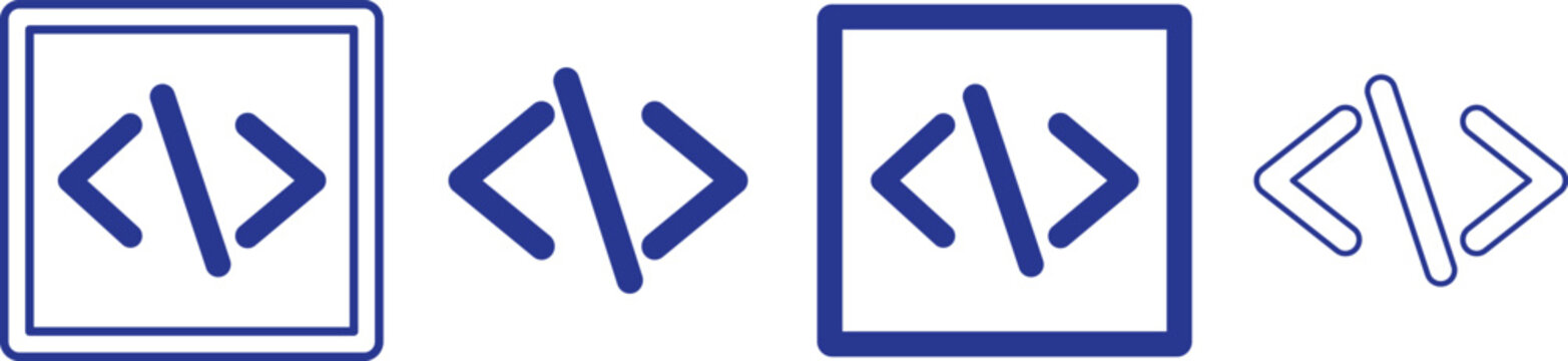 Web coding icon collection. Blue outline code brackets symbol inside square frame for website UI, design element