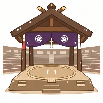 相撲の土俵と伝統的な屋根、観客席が描かれた競技会場のイラスト