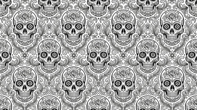 Black and white sugar skull pattern with intricate rose and leaf ornaments for coloring or gothic decor.