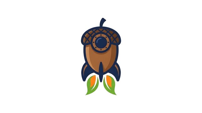 Stylized acorn rocket ship launching with leaf engine exhaust flames creative nature startup business logo concept illustration