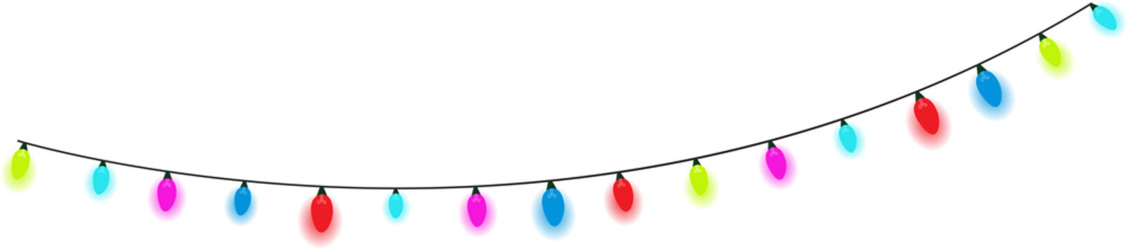 Colorful glowing Christmas light bulbs hanging on a festive wire