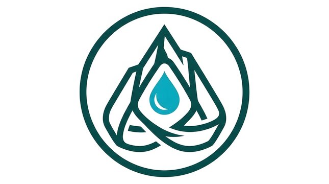 Stylized circular logo of mountain peak and water droplet symbol representing pure mineral spring water and environmental nature conservation