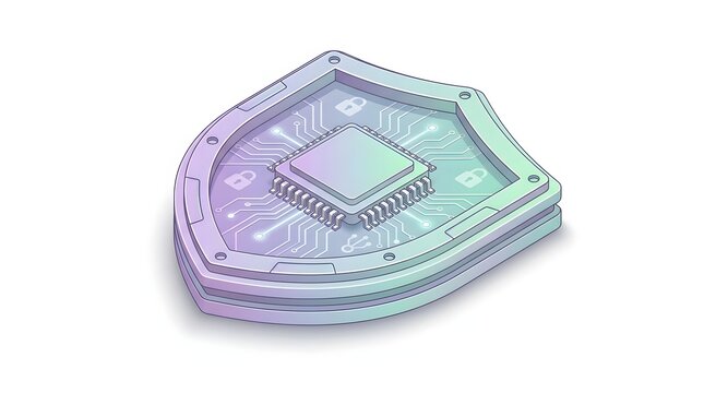 Cybersecurity hardware protection featuring a computer processor chip inside a digital shield for advanced network security and data encryption