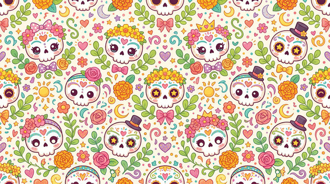 Day of the dead kawaii seamless pattern with cute sugar skulls, flowers, and leaves on a light background.