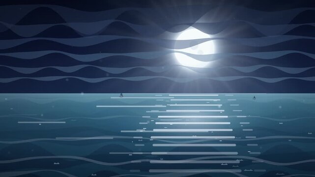 Looped animation of calm ocean under the full moon with moonlight reflection on the water. Stylized animation of a moonlit sea at night with glowing moon