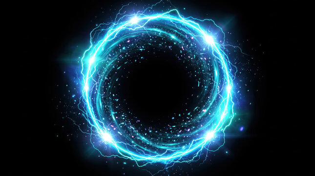 Blue Energy Ring with Sparkling Particles on Black Background Cosmic Element