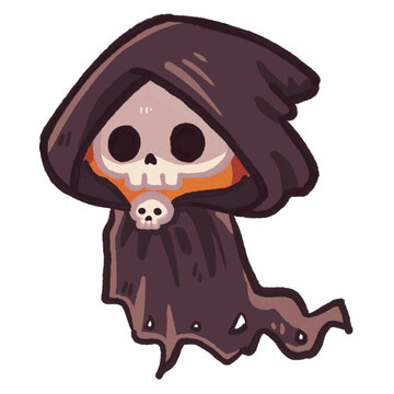Cute Chibi Skeleton Spirit with Dark Cloak and Hood