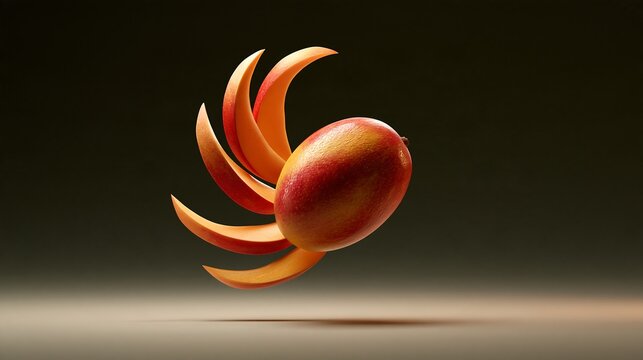 Whole mango fruit floating with curved slices arranged in a fan shape against a dark gradient background