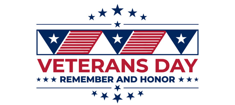 Veterans Day remember and honor graphic design with American flag inspired bunting and stars in patriotic red white and blue colors perfect for holiday celebration and memorial event vector