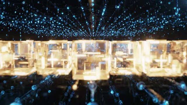 This presentation showcases a detailed view of digital networks with glowing nodes and data connections in a virtual environment. The focus is on the structure and flow of information