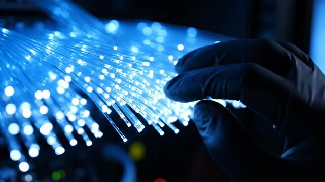 A hand in a glove touches blue fiber optic cables in a dark environment. The cables glow brightly, illustrating their use in fast data transmission and telecommunication