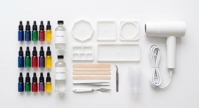 Top view flatlay of epoxy resin art supplies including color pigments, hardener bottles, silicone molds, and a heat gun neatly arranged on a white background.