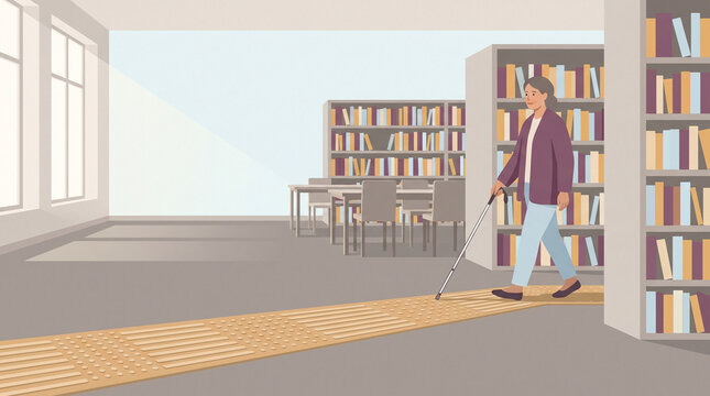Woman Walking With a Mobility Cane Along a Tactile Path