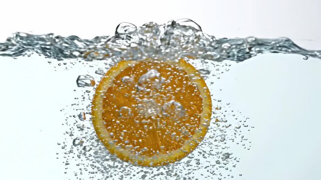 An orange slice is balanced on top of the water in a clear glass container. The setting captures the interaction of fruit and water clearly
