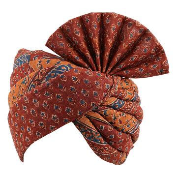 Rajasthani pagri turban in block-printed red cotton with a fan-pleated tail and wrapped blue and orange bands, isolated on transparent background