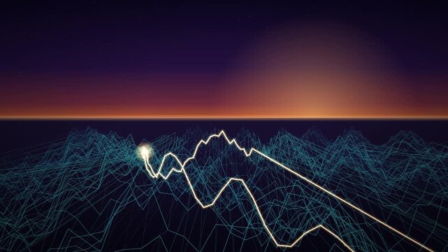 Wireframe terrain flyover with glowing path tracing forward