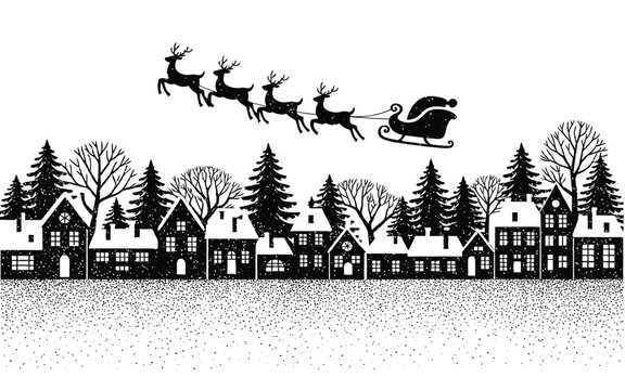 Santa Claus sleigh flying over winter village silhouette vector illustration with reindeer pine trees houses and snowy sky holiday Claus sleigh flying over winter village silhouette vector