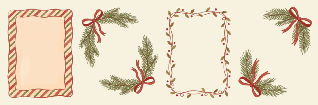 Set of rustic christmas frames and corners decorated with pine branches and red ribbons isolated on a vintage cream background for holiday greeting cards and festive invitation templates