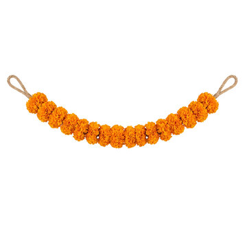 Marigold flower toran, an orange genda phool garland strung between jute loops for festival decoration, isolated on transparent background