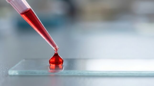 A single drop of red liquid falls from a pipette onto a glass microscope slide medical supplies