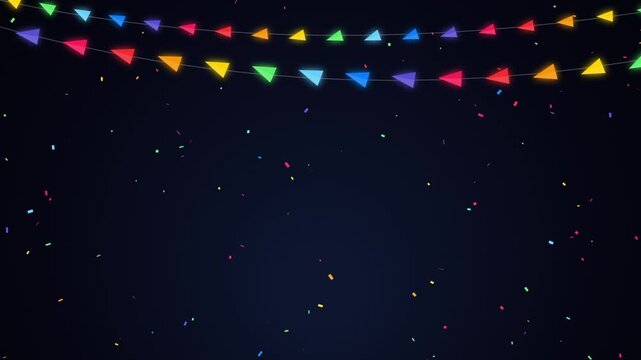 Colorful triangle bunting flags wave gently against a starry night sky backdrop for celebration