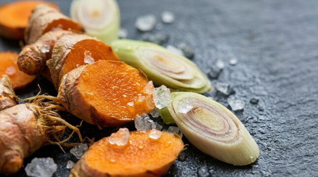 Sliced fresh turmeric root and lemongrass stalks sprinkled with coarse salt medical supplies