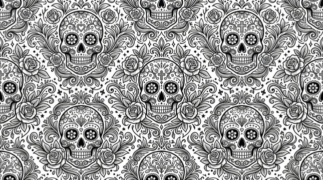 Day of the dead sugar skulls seamless pattern with floral ornament in black and white.