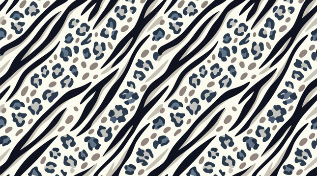 Seamless pattern of leopard spots and zebra stripes combined in a trendy animal print design with a modern color palette for fashion textiles and creative wallpaper background graphic projects
