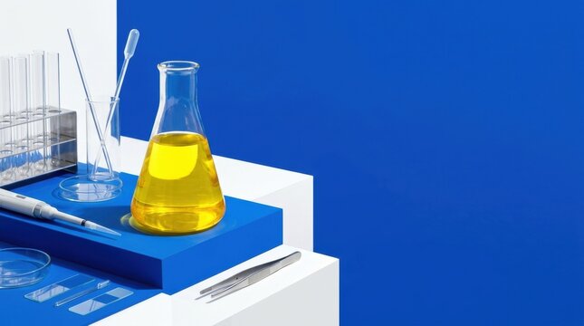 Laboratory equipment including an Erlenmeyer flask with yellow liquid and test tubes on a blue and white surface