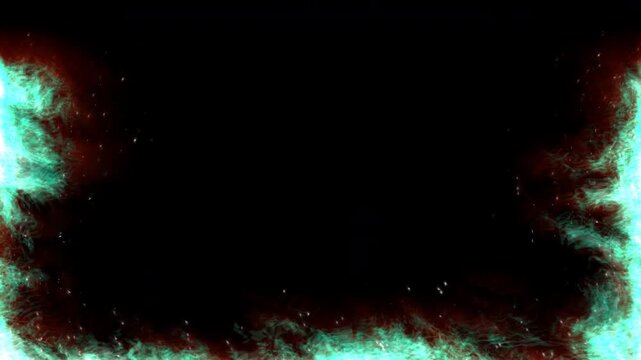 Teal and maroon smoke frame border with glowing particles on dark back