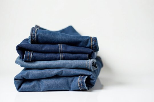 A neatly stacked pile of denim trousers, showcasing various shades of blue, arranged for a minimalist fashion display.