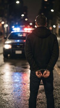 Detained suspect standing with hands cuffed behind back in front of police patrol car with flashing emergency lights at night