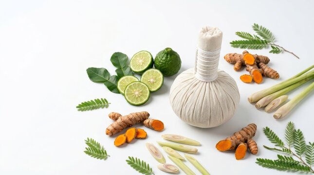 A collection of Thai herbal spa ingredients including kaffir lime turmeric lemongrass and a herbal compress ball