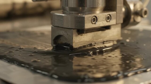 Macro slow motion shot of graphene supercapacitor electrode layers being coated by precision slot-die nozzle, featuring tracking macro shot following smooth black carbon slurry coating for