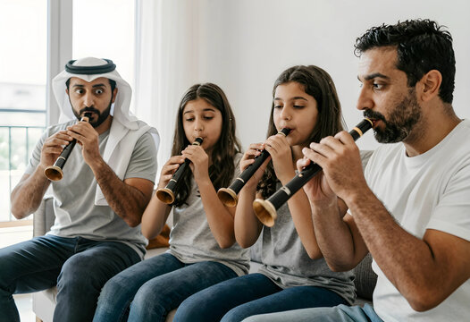 Family music education and cultural heritage, father and children playing traditional flutes together at home for creative learning and bonding time