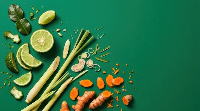 Fresh kaffir lime leaves sliced limes lemongrass stalks and turmeric roots arranged on a green surface