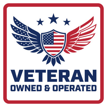 Patriotic veteran owned and operated business badge, American flag eagle wings shield emblem vector, red white and blue military service logo for small business marketing and branding.