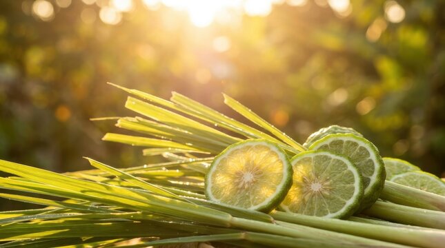 Sliced Kaffir lime fruit and lemongrass stalks illuminated by warm sunlight medical supplies