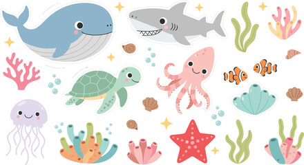 Obraz premium Cute sea animals sticker vector set featuring cartoon whale shark turtle octopus jellyfish starfish corals and ocean life