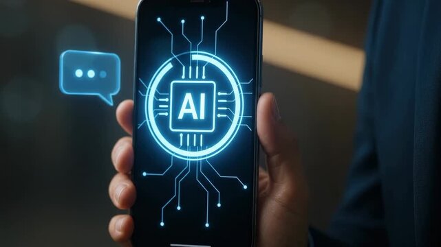 Hand holding smartphone displaying glowing vertical AI chip icon and chat notification bubble