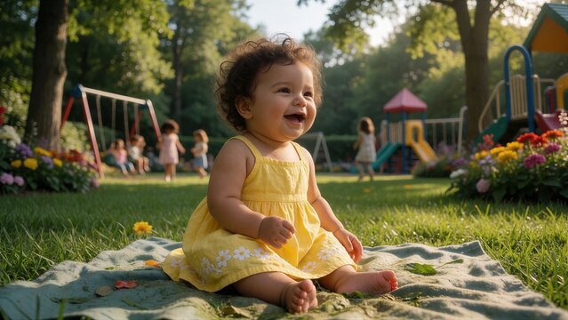 A toddler with curly dark hair sits on a light blue blanket in a sunlit park, surrounded by lush green grass and vibrant flower beds.