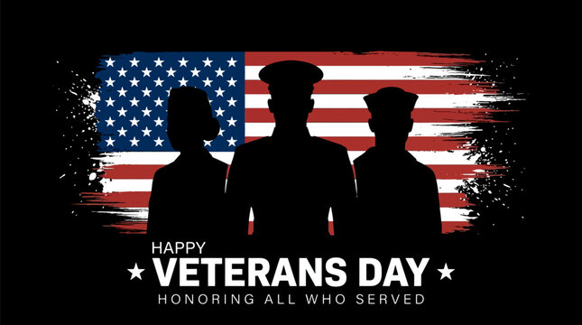 Happy Veterans Day vector illustration with military personnel silhouette standing in front of grunge American flag for honoring all who served on November 11 2026 patriotic holiday graphic