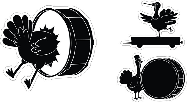Thanksgiving parade turkey sticker collection featuring a bird crashing through bass drum standing on float wagon vector silhouette graphic illustrations,
