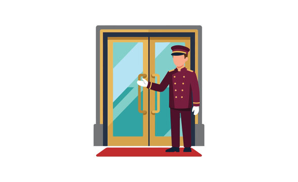 Hotel doorman welcoming guests at grand entrance vector illustration